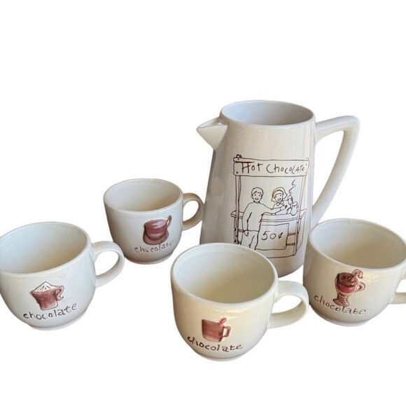 French Café Hot Chocolate Ceramic Pitcher Pot 42 Ounce Capacity & Set of 4 mugs - Picture 1 of 13